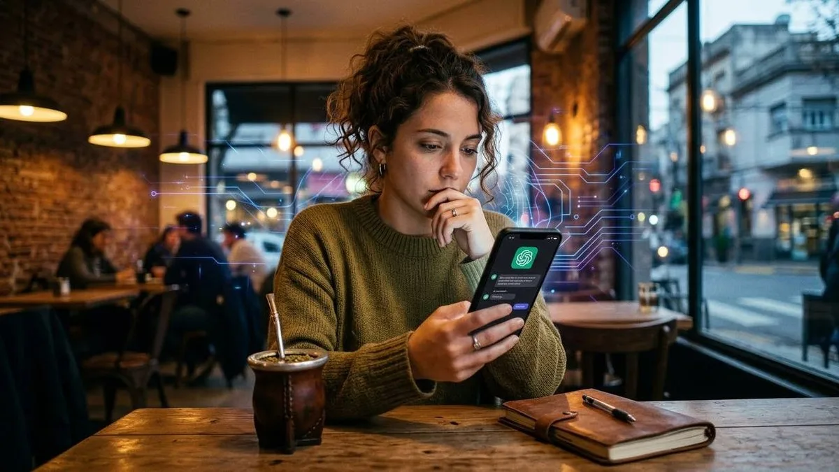 Joven con un mate y el celular usando ChatGPT en una cafeteria, con circuitos digitales representando la dependencia de la inteligencia artificial en la vida cotidiana