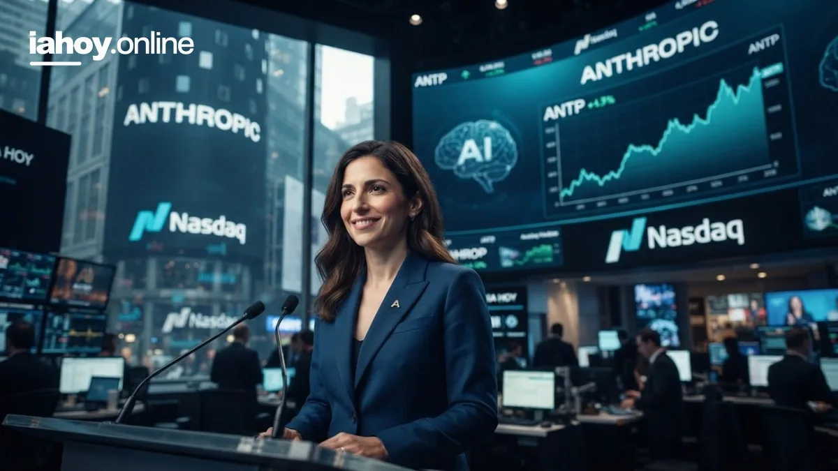 Presentacion de Anthropic en la bolsa de Nasdaq con una pantalla que muestra su cotizacion
