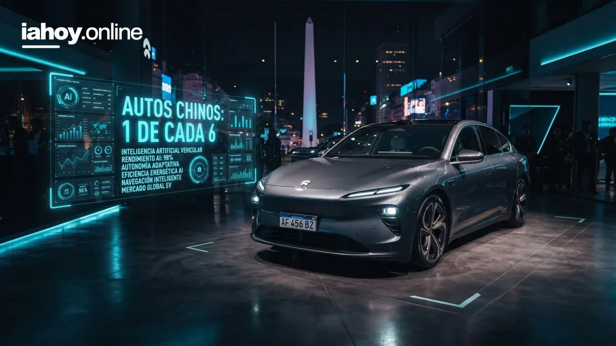 Auto electrico chino con inteligencia artificial exhibido en Buenos Aires con el Obelisco de fondo