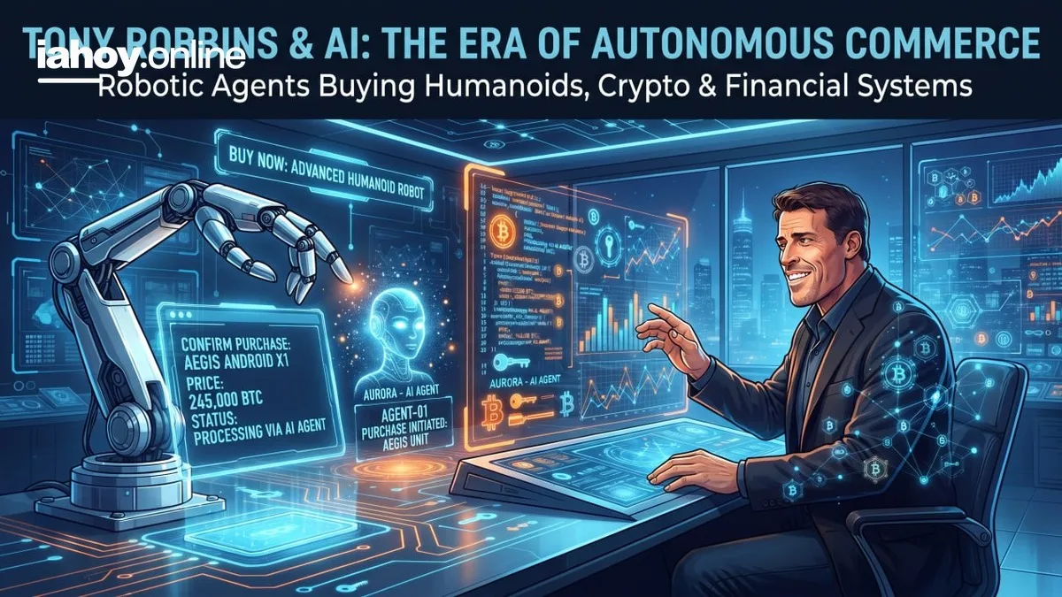 Ilustracion de Tony Robbins frente a pantallas con un agente de IA comprando un robot humanoide con criptomonedas