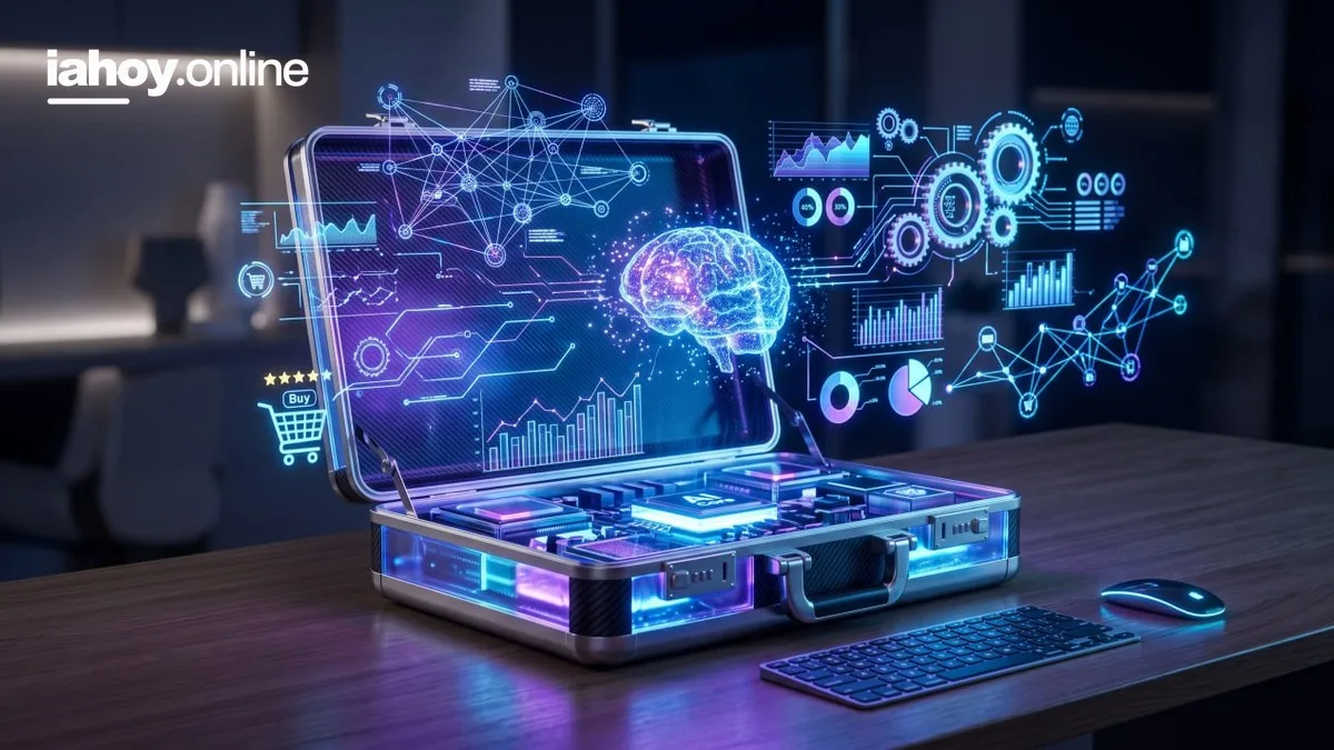 Maletin con chips de inteligencia artificial y holograma de datos para emprender online