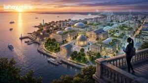 Una mujer en un balcon de piedra al atardecer observa una ciudad costera futurista que mezcla arquitectura clasica y moderna, con arcos de datos holograficos y redes luminosas conectando los edificios