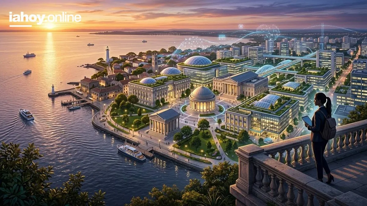 Una mujer en un balcon de piedra al atardecer observa una ciudad costera futurista que mezcla arquitectura clasica y moderna, con arcos de datos holograficos y redes luminosas conectando los edificios