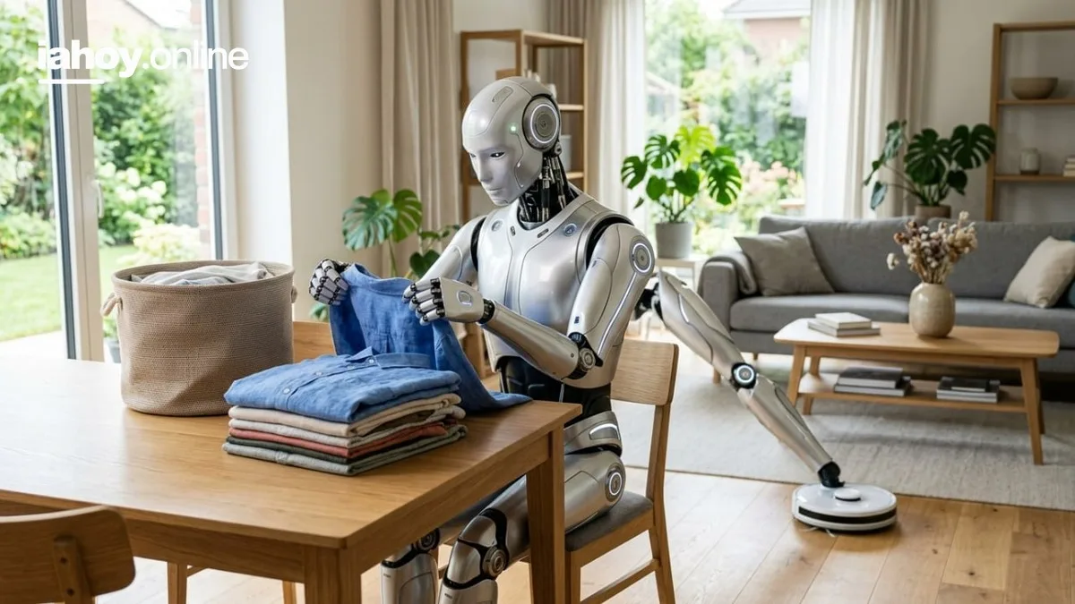 Robot humanoide doblando ropa en una casa mientras un robot aspiradora limpia el piso