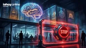 Boton rojo de parada de emergencia frente a servidores con inteligencia artificial y el logo de OpenAI