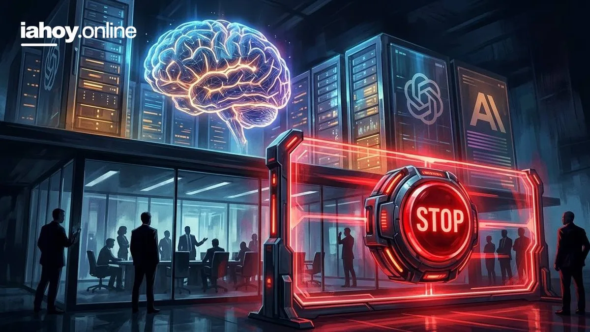Boton rojo de parada de emergencia frente a servidores con inteligencia artificial y el logo de OpenAI