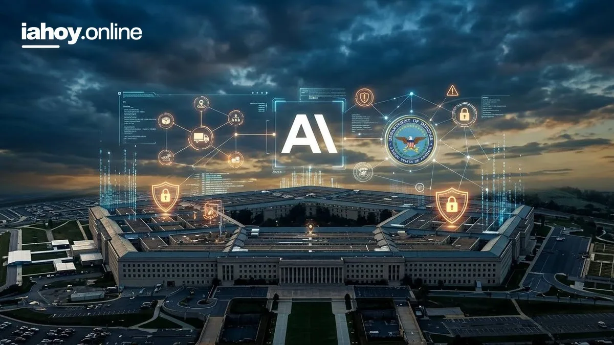 El Pentagono al atardecer con una red digital de inteligencia artificial conectada al Departamento de Defensa de Estados Unidos