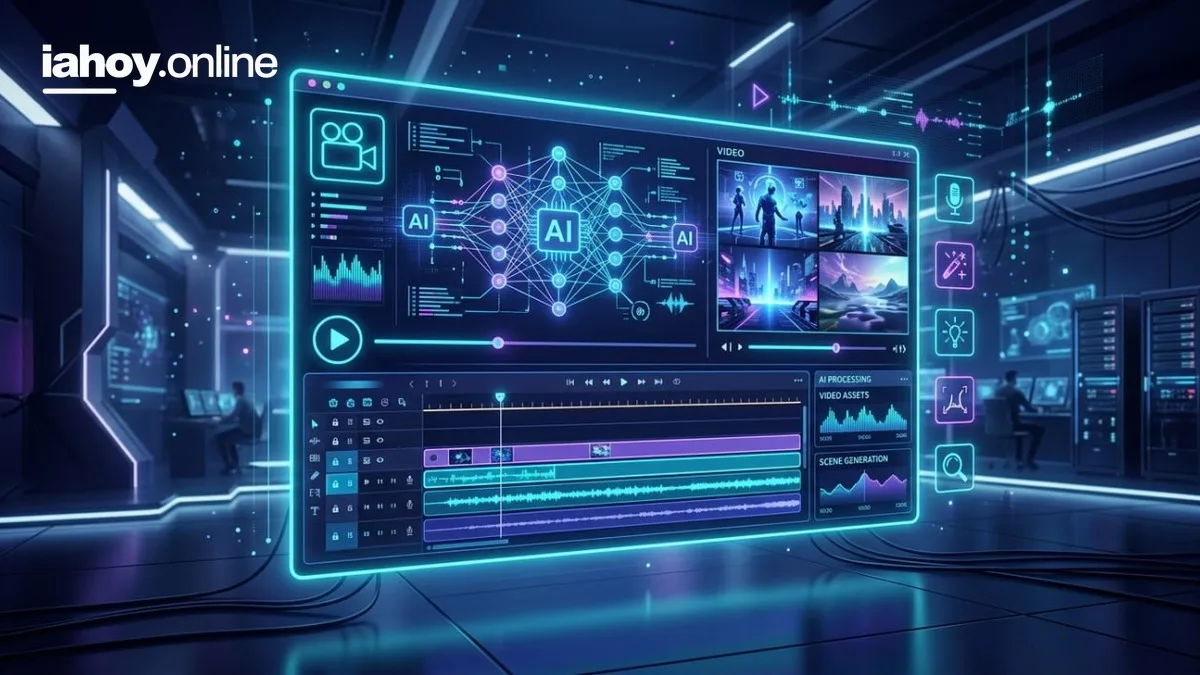 Interfaz de edicion de video con inteligencia artificial redes neuronales linea de tiempo y generacion de escenas