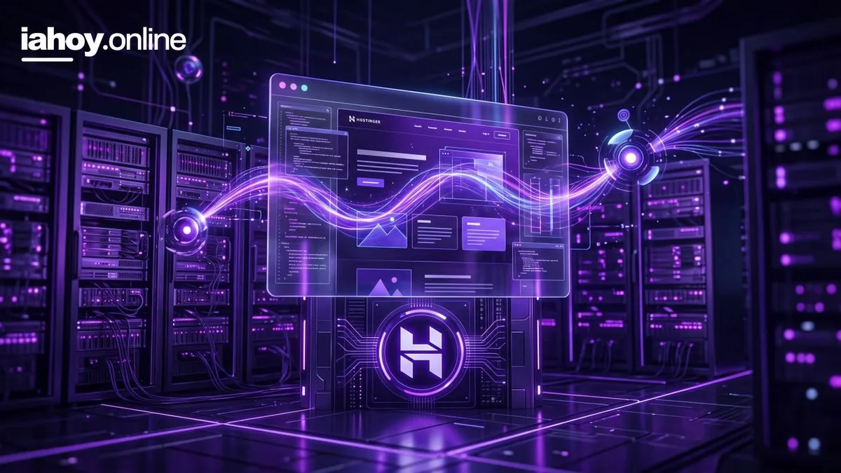 Data center futurista en tonos violetas con un panel de control de Hostinger flotando al centro, con graficos, codigo y el logo de Hostinger conectado a nodos luminosos
