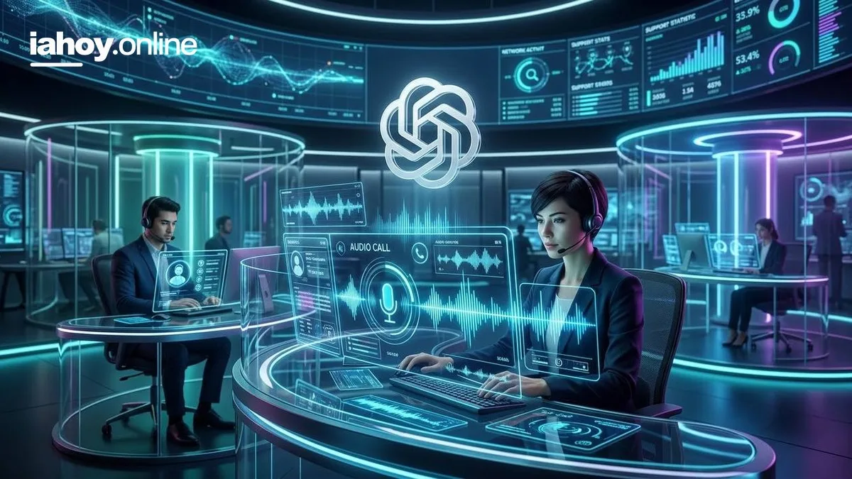 Sala de control con el logo de OpenAI, operadores con auriculares y pantallas de estadisticas de atencion al cliente y redes representando agentes de inteligencia artificial