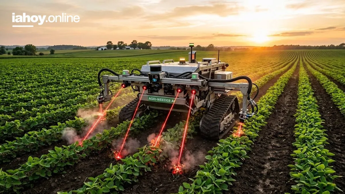 Robot agricola autonomo con camaras y emisores laser eliminando malezas entre los surcos de un cultivo al atardecer sin usar herbicidas