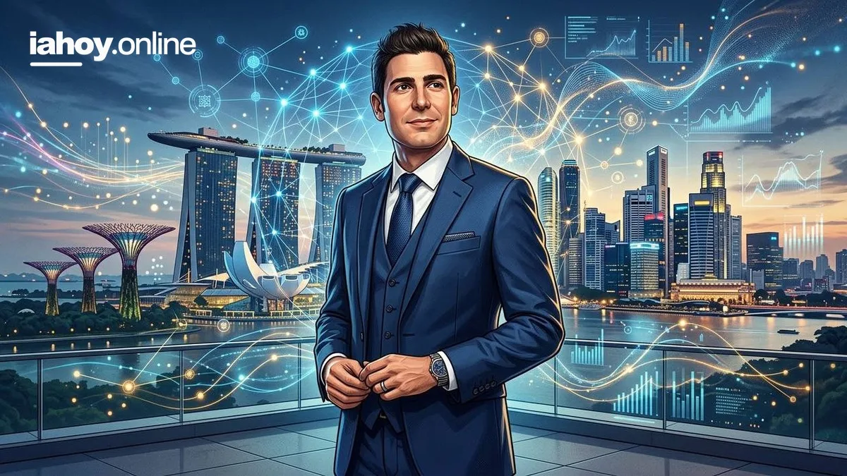 Empresario con traje frente al skyline de Singapur con una red digital de datos y graficos representando las inversiones en inteligencia artificial