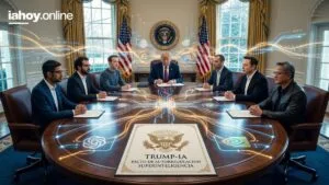 Donald Trump en una mesa redonda con Elon Musk y Mark Zuckerberg en la Casa Blanca, con banderas de Estados Unidos y un documento sobre el pacto de autorregulacion de la superinteligencia