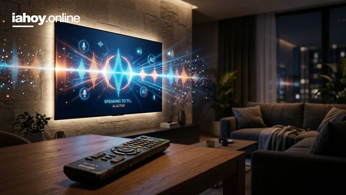 Televisor inteligente encendido en un living mostrando una onda de audio y el mensaje AI ACTIVE con el control remoto en primer plano