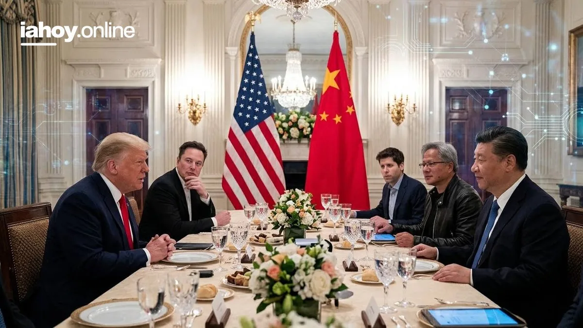 Donald Trump y Elon Musk junto a Xi Jinping y Jensen Huang en una cena oficial con banderas de Estados Unidos y China