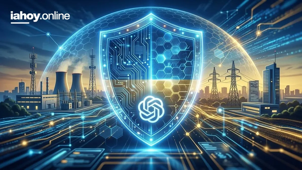 Escudo digital con el logo de OpenAI protegiendo plantas de energia, torres de transmision y una ciudad representando la ciberdefensa de infraestructura civil