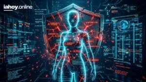 Avatar de inteligencia artificial dentro de un escudo agrietado rodeado de alertas de seguridad comprometida, con paneles de codigo que listan vectores de ataque, inyeccion de malware y envenenamiento de modelos