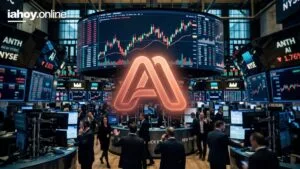 El logo de IA sobre la bolsa de Nueva York con las pantallas de cotizaciones y el ticker ANTH en baja