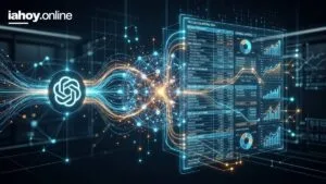 Panel holografico con las tablas INCOME STATEMENT, BALANCE SHEET y TAX CALCULATIONS 2024, graficos financieros y el logo de OpenAI conectado por redes de datos a la IA