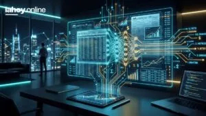 Una oficina nocturna con un holograma que combina un formulario de impuestos, tablas de numeros, un diagrama de red neuronal y graficos de datos sobre un escritorio con notebook y tablet