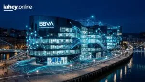 El edificio del BBVA AI Innovation Center en Bilbao iluminado con una red de nodos azules