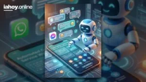 Un robot humanoide blanco y azul observa un celular que muestra un panel de atencion al cliente automatizada, rodeado de globos de mensajes con los iconos de WhatsApp y Messenger y un cartel de soporte 24 horas