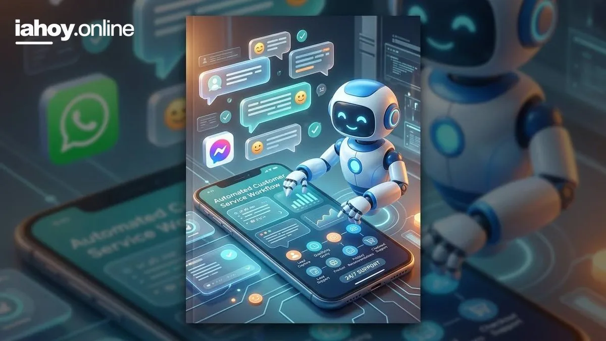 Un robot humanoide blanco y azul observa un celular que muestra un panel de atencion al cliente automatizada, rodeado de globos de mensajes con los iconos de WhatsApp y Messenger y un cartel de soporte 24 horas