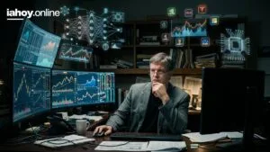 Inversor con anteojos frente a cuatro monitores con graficos de velas y datos de mercado, rodeado de hologramas con una red neuronal, un microchip y los logos de las principales empresas tecnologicas