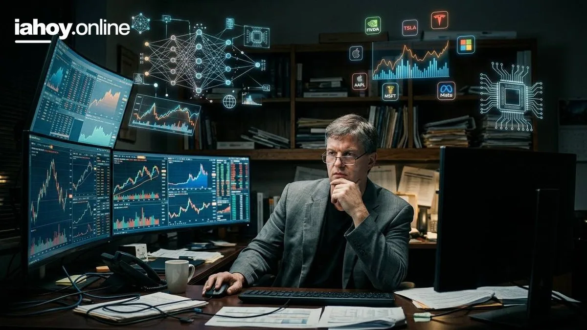 Inversor con anteojos frente a cuatro monitores con graficos de velas y datos de mercado, rodeado de hologramas con una red neuronal, un microchip y los logos de las principales empresas tecnologicas