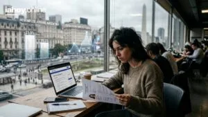 Una joven busca trabajo en su notebook frente a un ventanal, con los graficos de desempleo juvenil en Argentina superpuestos