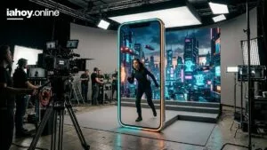 Rodaje en un set de produccion virtual: una actriz sale de un marco vertical luminoso tipo pantalla gigante, con una gran pantalla LED de fondo que muestra una ciudad futurista, y el equipo de camara y luces trabajando alrededor