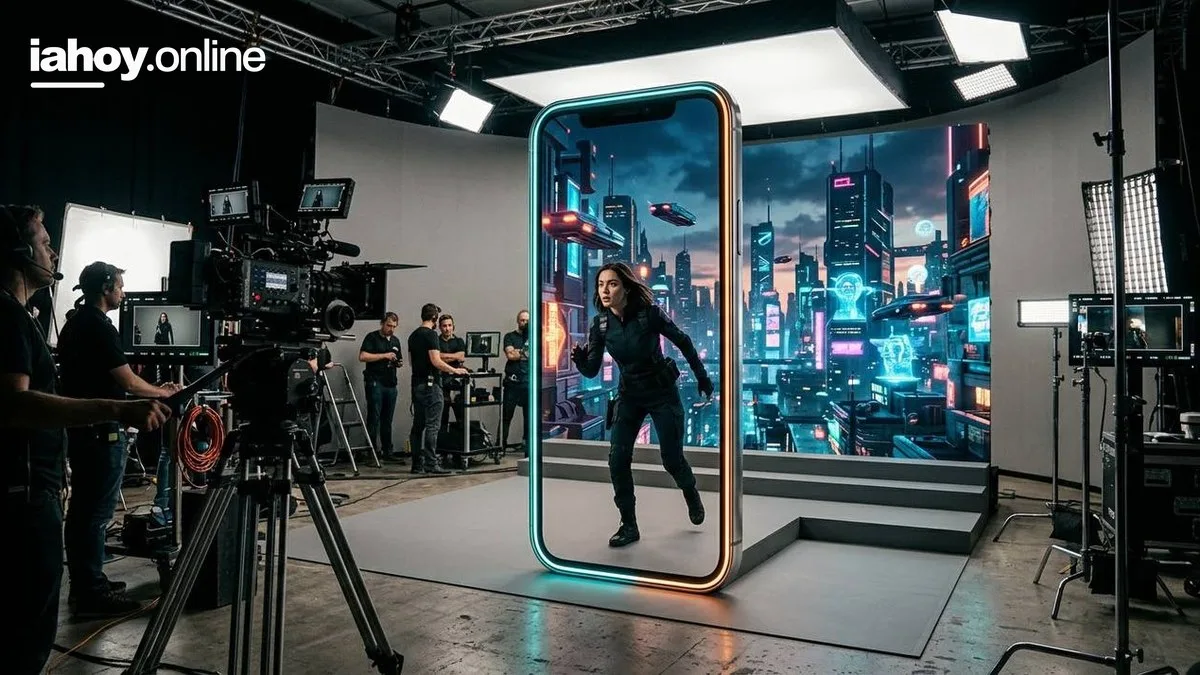 Rodaje en un set de produccion virtual: una actriz sale de un marco vertical luminoso tipo pantalla gigante, con una gran pantalla LED de fondo que muestra una ciudad futurista, y el equipo de camara y luces trabajando alrededor