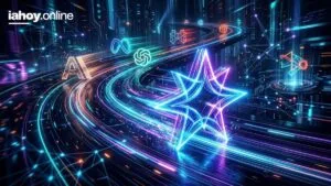 Autopista futurista de luz con estelas neon sobre una ciudad cyberpunk, con iconos holograficos flotando entre ellos los logos de inteligencia artificial y simbolos tecnologicos