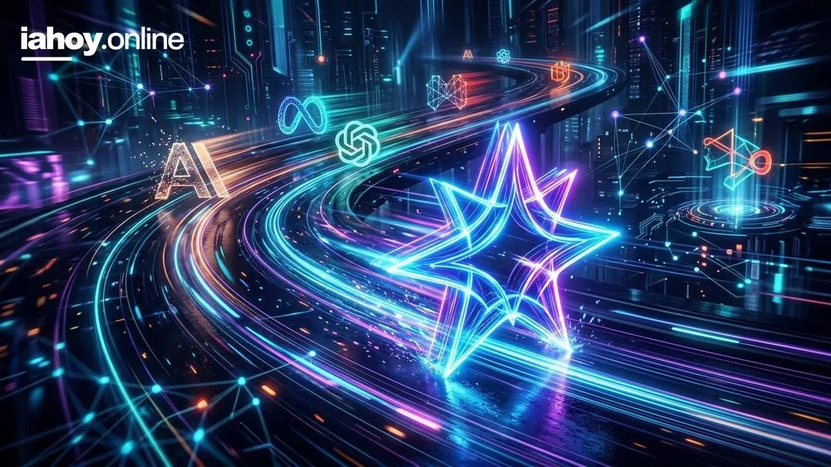 Autopista futurista de luz con estelas neon sobre una ciudad cyberpunk, con iconos holograficos flotando entre ellos los logos de inteligencia artificial y simbolos tecnologicos