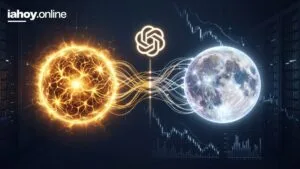 El logo de OpenAI al centro, con una esfera de red neuronal naranja y una luna luminosa de nodos conectadas por estelas de luz, sobre graficos financieros con una tendencia en baja