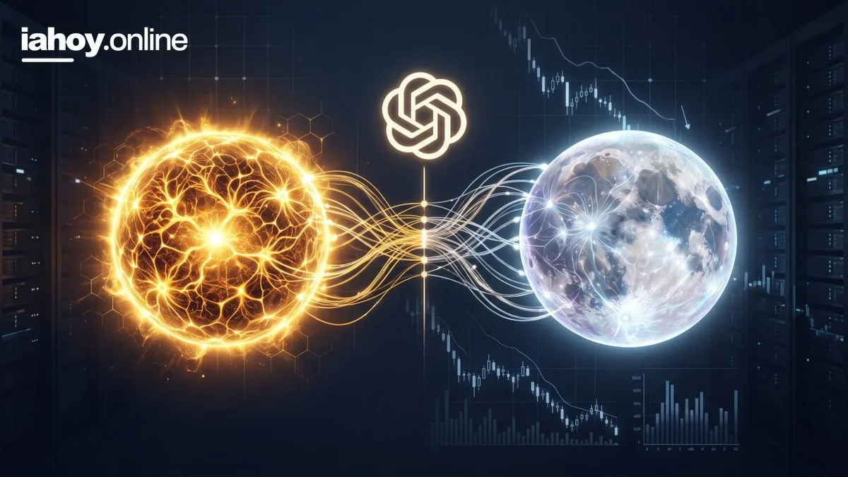 El logo de OpenAI al centro, con una esfera de red neuronal naranja y una luna luminosa de nodos conectadas por estelas de luz, sobre graficos financieros con una tendencia en baja