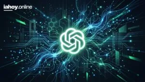 El logo de OpenAI rodeado de circuitos y nodos de luz sobre fondo oscuro