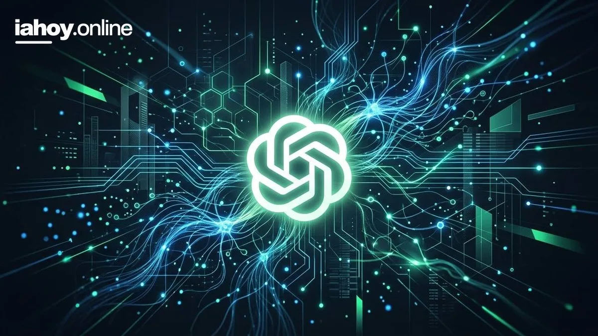 El logo de OpenAI rodeado de circuitos y nodos de luz sobre fondo oscuro