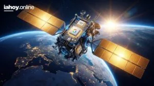 Un satelite futurista con paneles solares dorados orbita la Tierra con el logo de Google y la inscripcion Google TPU en su cuerpo, sobre el limite entre el dia y la noche con las luces de las ciudades visibles abajo