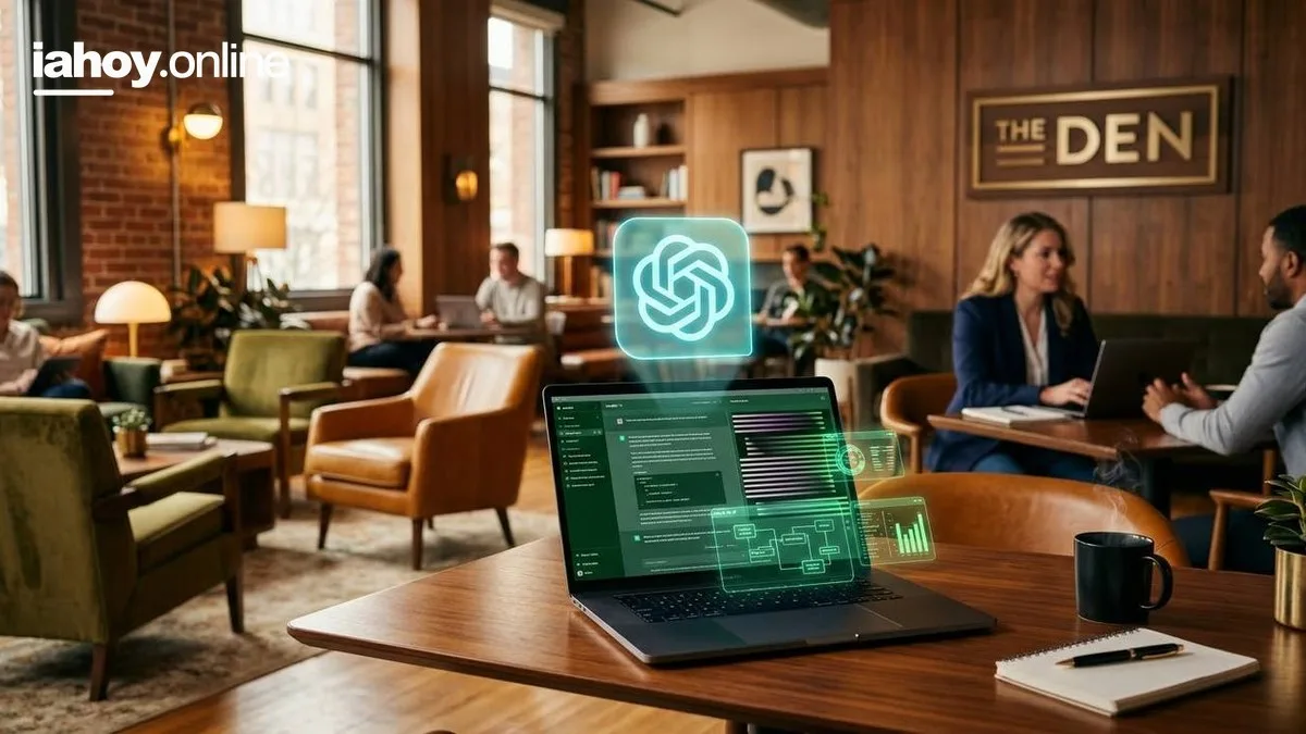 Espacio de coworking con sillones y ventanales donde la gente trabaja con notebooks, y en primer plano una notebook que muestra un panel de tareas y diagramas con el logo de OpenAI flotando en holograma sobre la pantalla