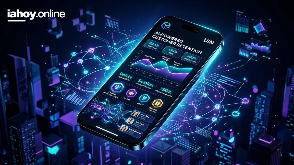 Celular con el tablero de retencion de clientes potenciado por IA: retencion del 88,4 por ciento, ARPU mas 15 por ciento, graficos de tendencia y lista de clientes